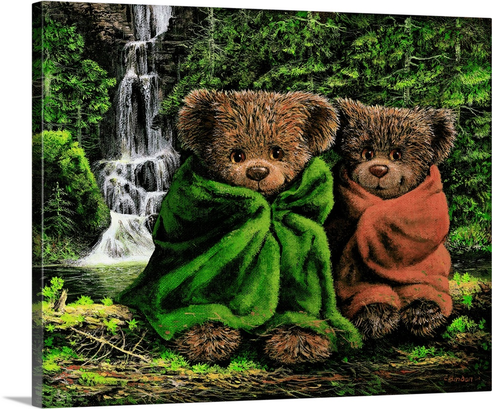 Two teddy bears warming up in blankets after swimming.
