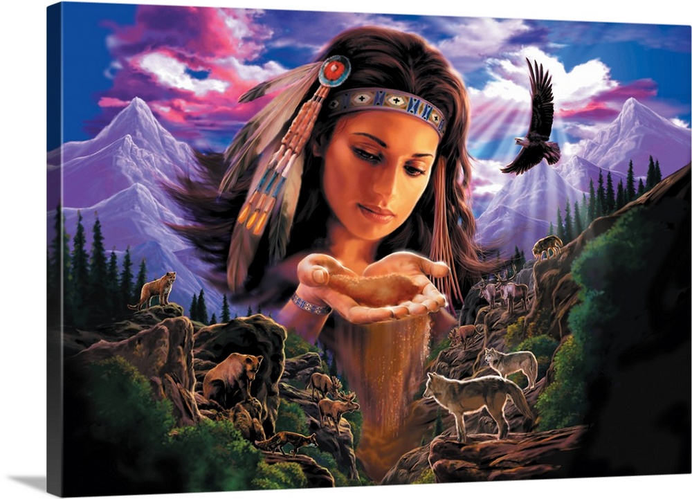 Fantasy style artwork of an Indian woman that is drawn as big as the mountains to either side of her with animals standing...