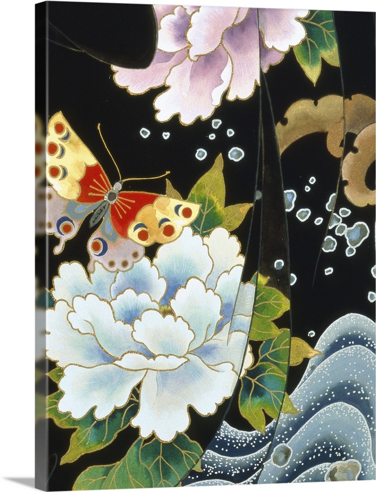 Contemporary colorful and lavish looking Asian artwork. With flowers and butterflies.