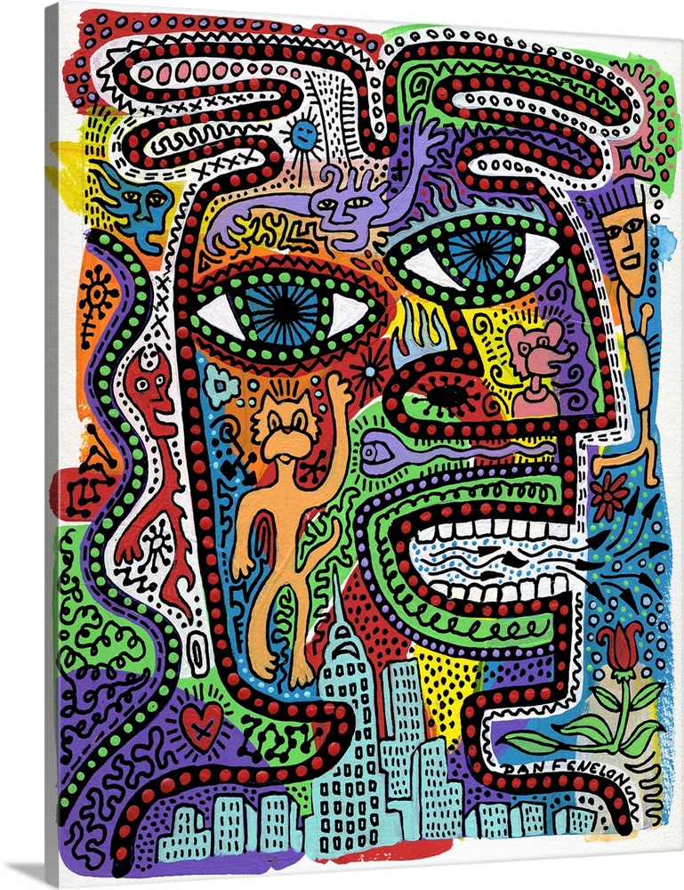 Contemporary aboriginal inspired artwork with bright colors and intricate detail.