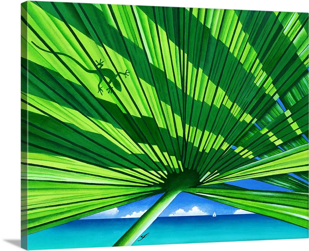 Tropical themed artwork of a large lush looking palm frond with the silhouette of a  lizard on the other side of the frond.
