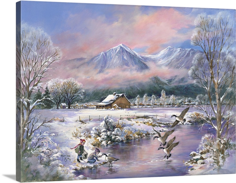 Contemporary painting of children feeding geese on a pond in the midst winter.