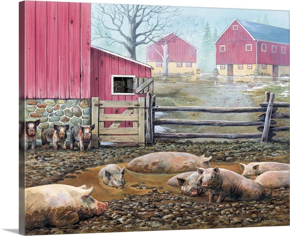 Contemporary painting of a group of pigs laying in mud with red barns in the background.