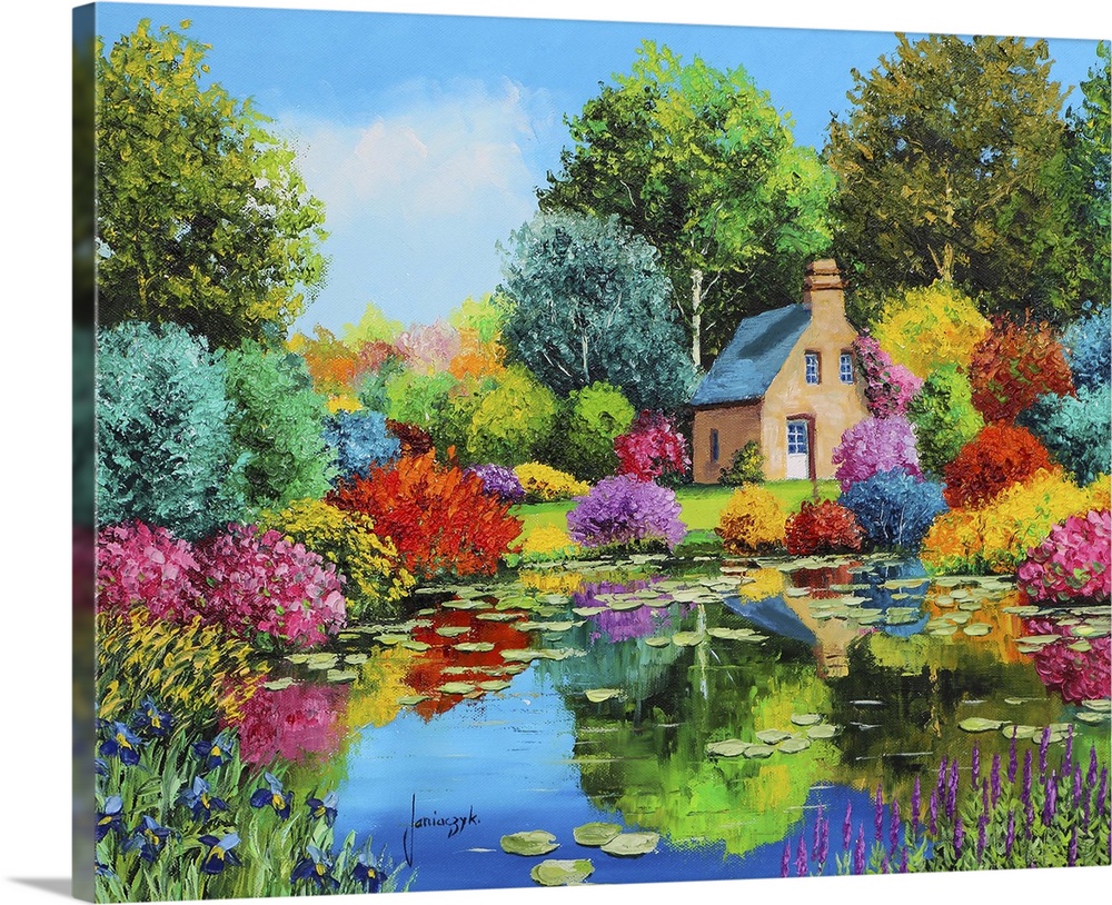 Colorful painting of a rural cottage surrounded multi-colored foliage.