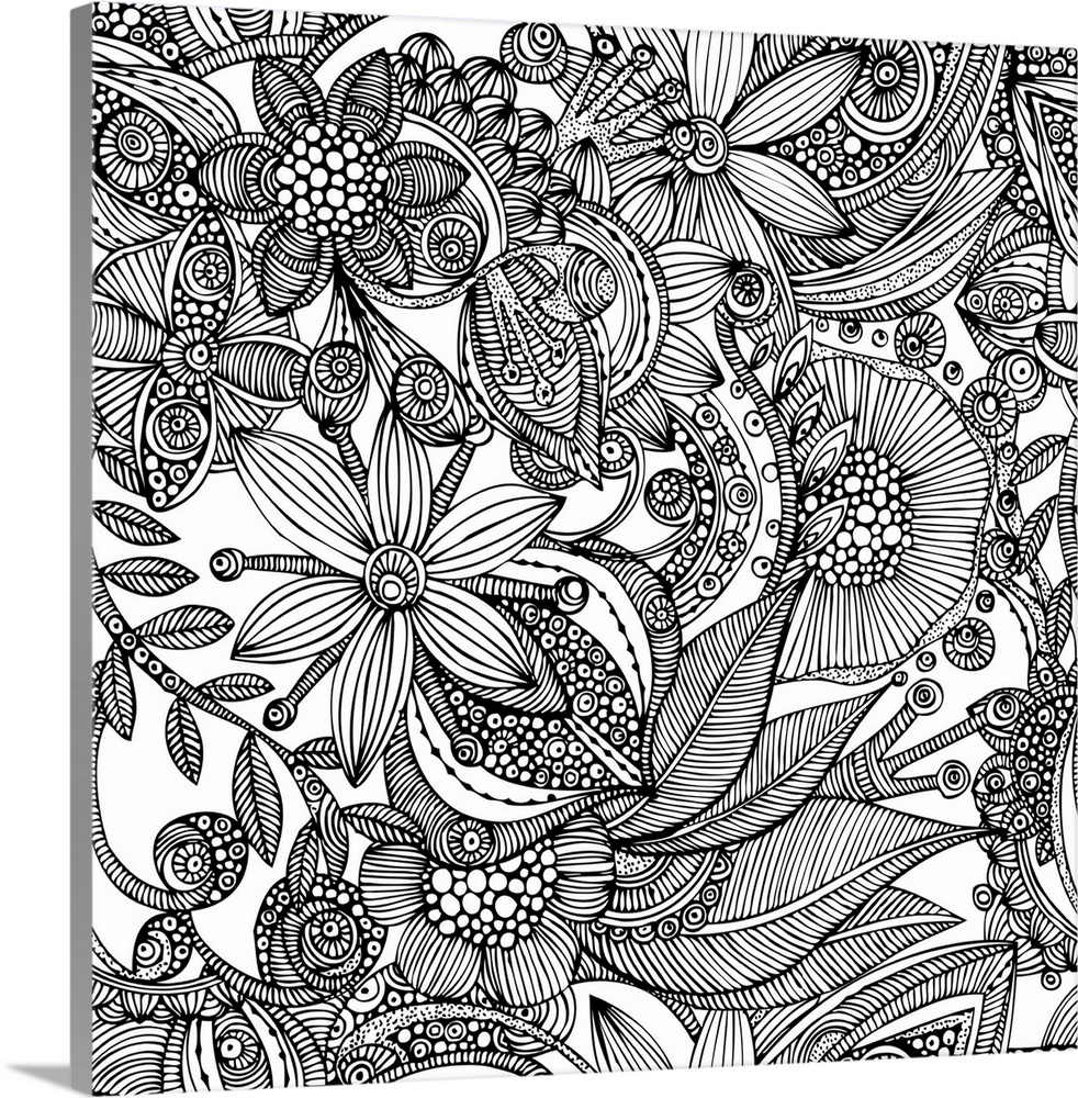 Contemporary line art of intricately patterned flowers and nature designs against a white background.
