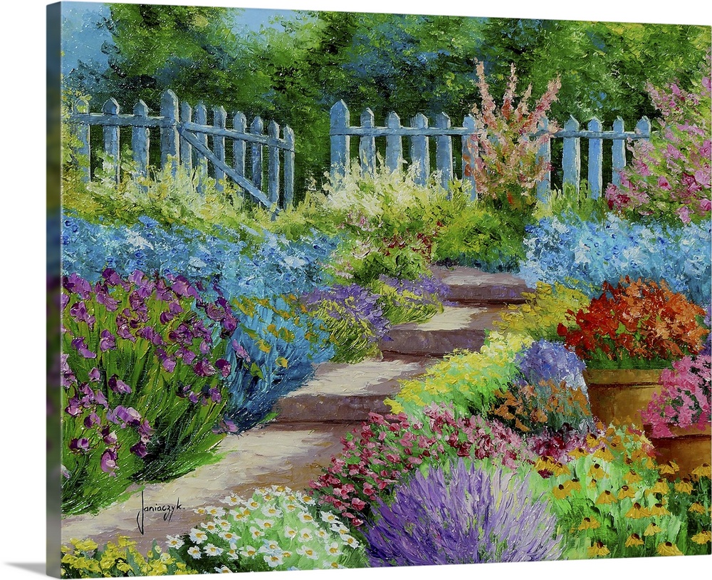 Painting of a colorful garden, with a blue picket fence surrounding it.
