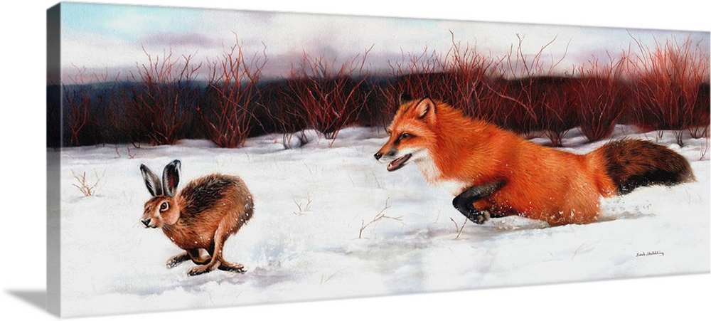 Oil painting of a Fox chasing a Hare.