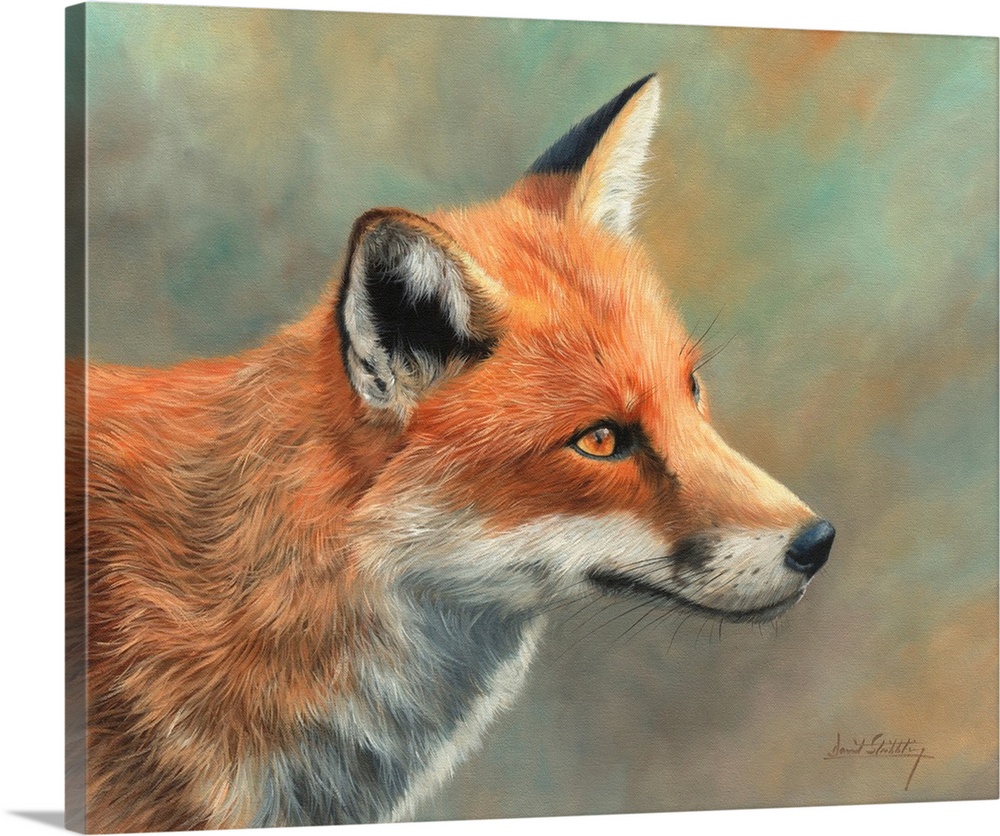 Contemporary painting of a red fox looking at something curiously.