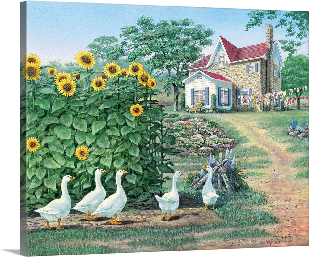 Contemporary painting of a gaggle of geese near a patch of tall sunflowers.