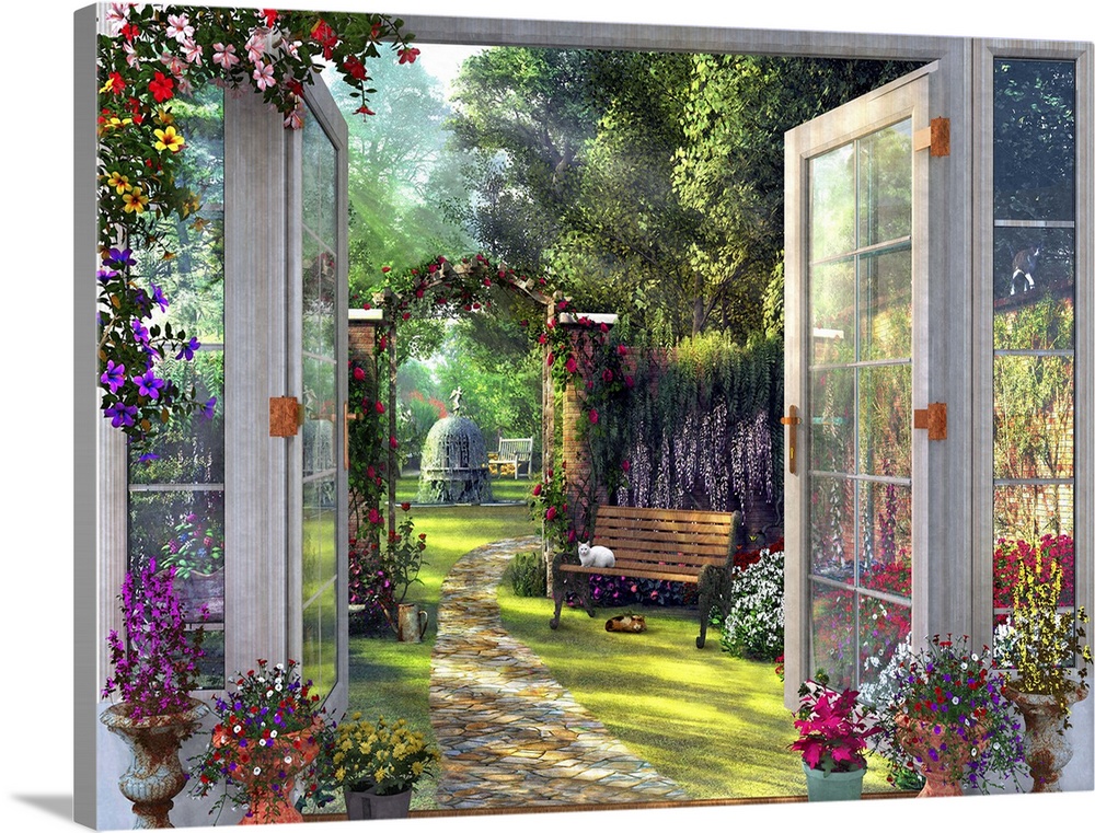 A doorway view of a country garden with two cats.
