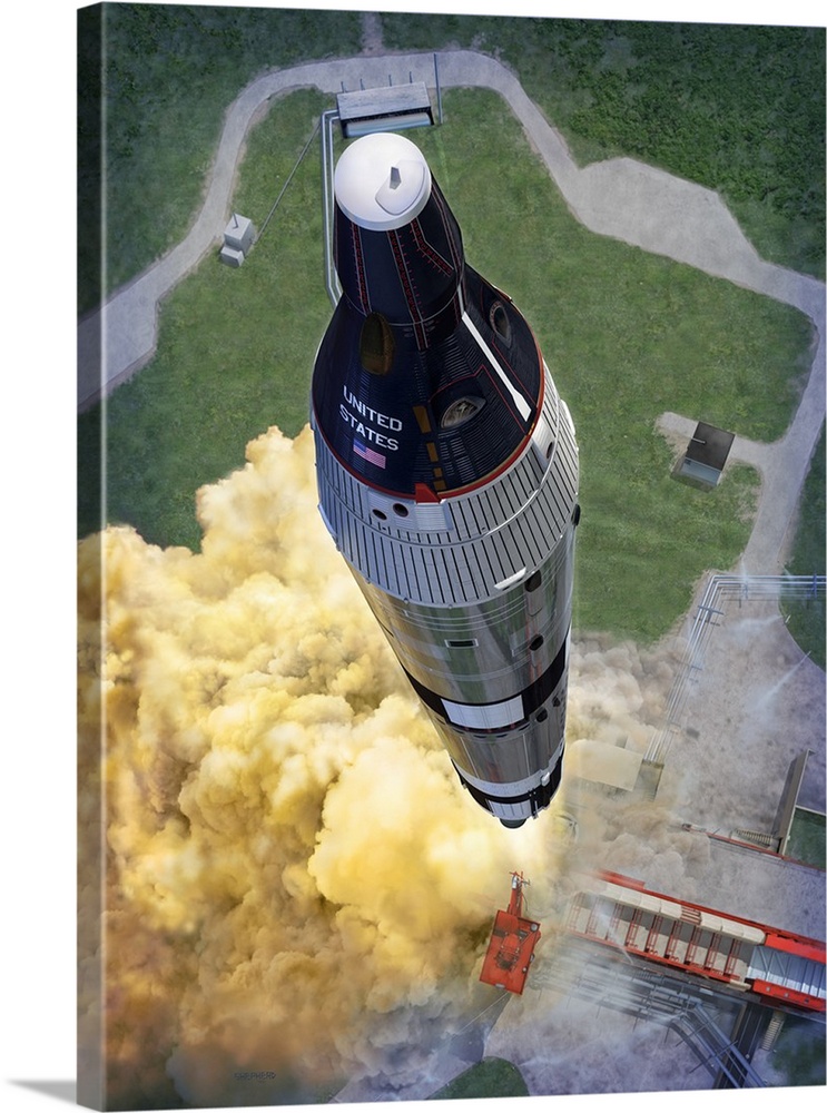 A Titan rocket lifts off from its launch pad in this view looking from above..This image depicts the March 23, 1965 launch...