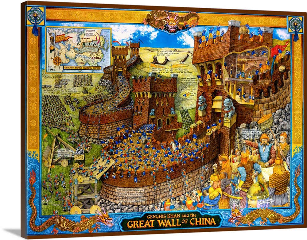 Educational illustration of the Great Wall of China and when Genghis Khan attacked it.