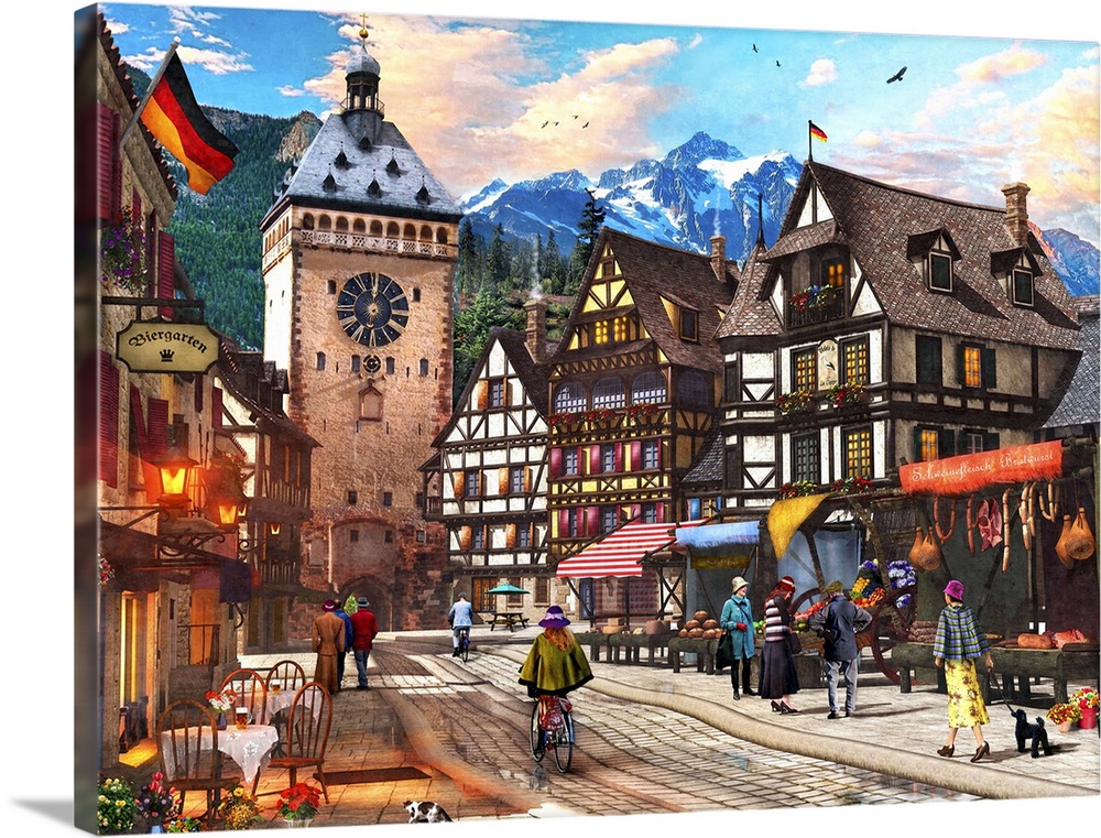 Illustration of a market town somewhere in the Alps.