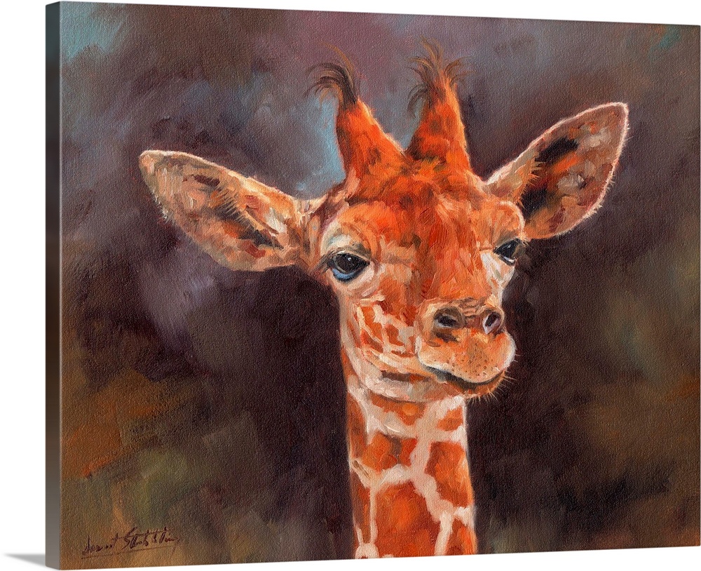 Contemporary painting of a giraffe looking at something.