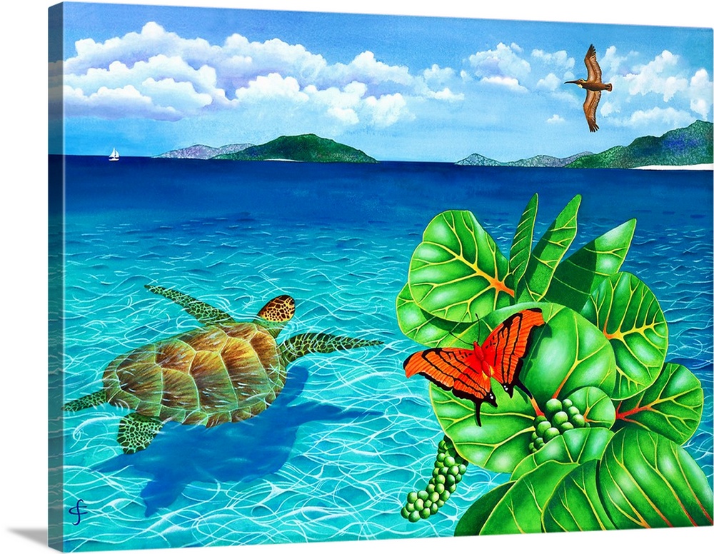Tropical themed artwork of a sea turtle swimming in crystal blue water, with a bright butterfly on a green plant in the fo...