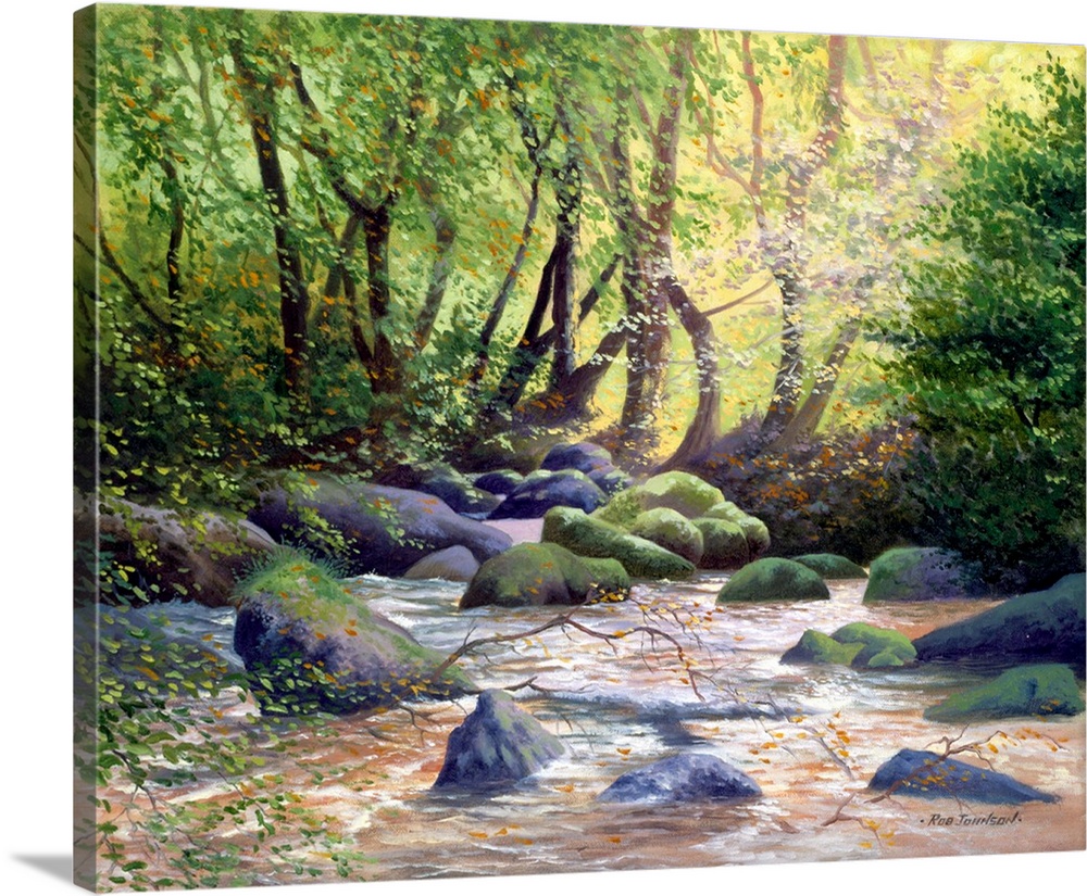 Contemporary artwork of a forest river clearing illuminated by the suns glow.
