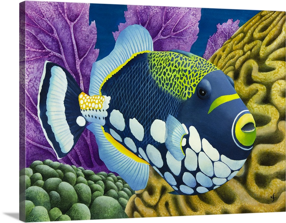 Contemporary painting of a large blue and green fish surrounded by coral reefs.