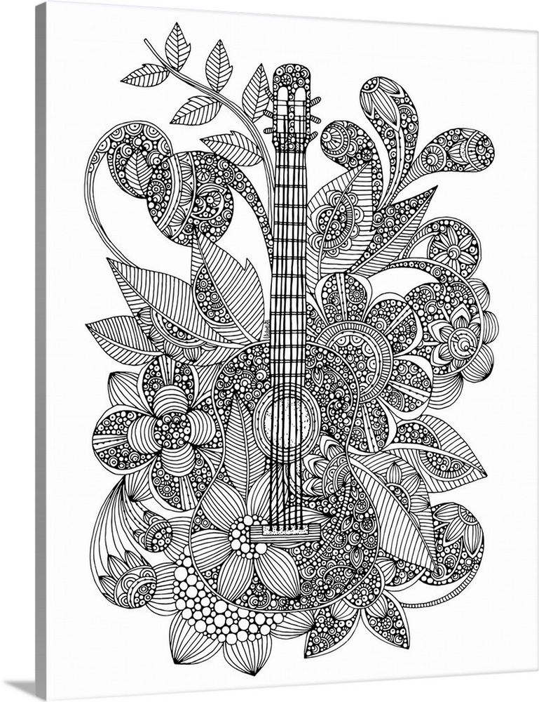 Black and white line art of a guitar surrounded by flowers and vines.