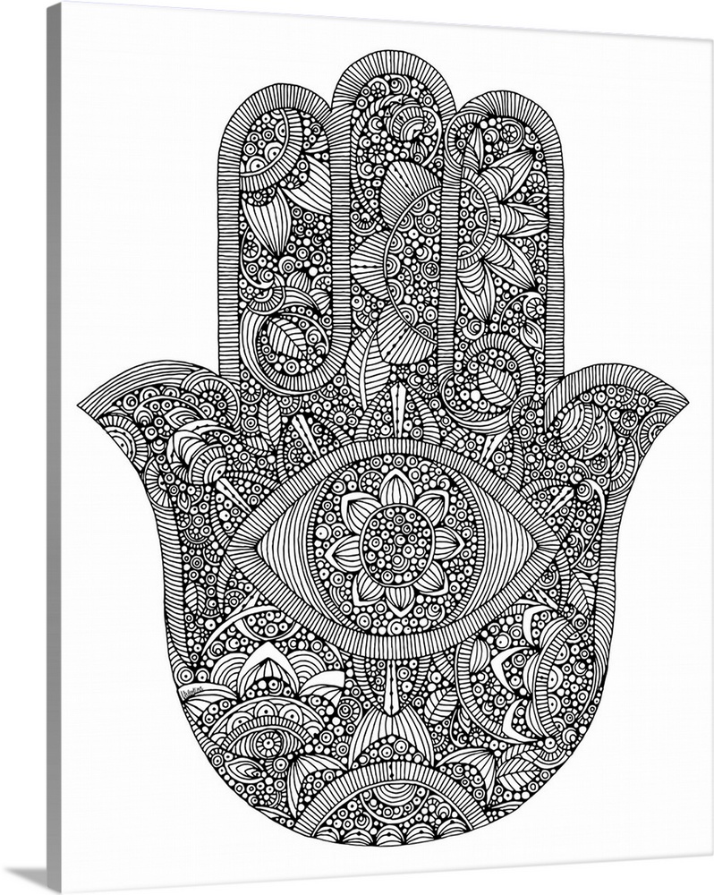 Black and white line art of the Hamsa symbol against a white background.