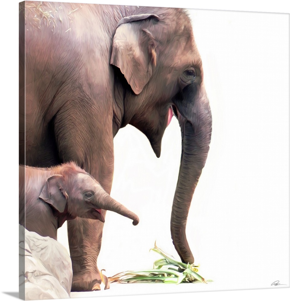 Contemporary animal art of a baby elephant standing beside its mother.