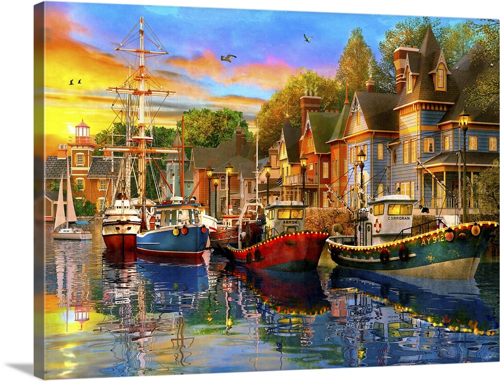 Illustration of a small harbor town.
