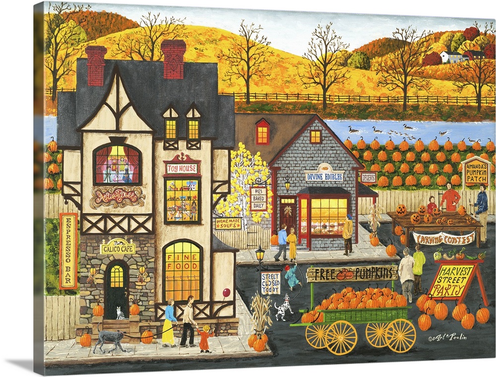 Americana scene of a street full of shops with pumpkins and fall activities.