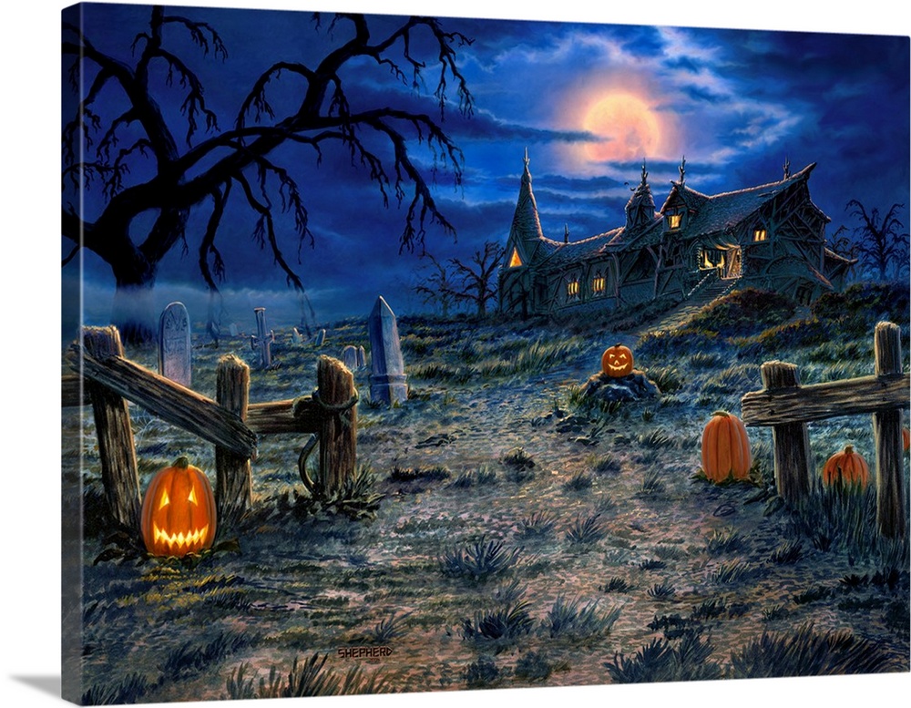 Visitors to this spooky house on Halloween are greeted by grinning Jack ' Lanterns as an orange moon rises.