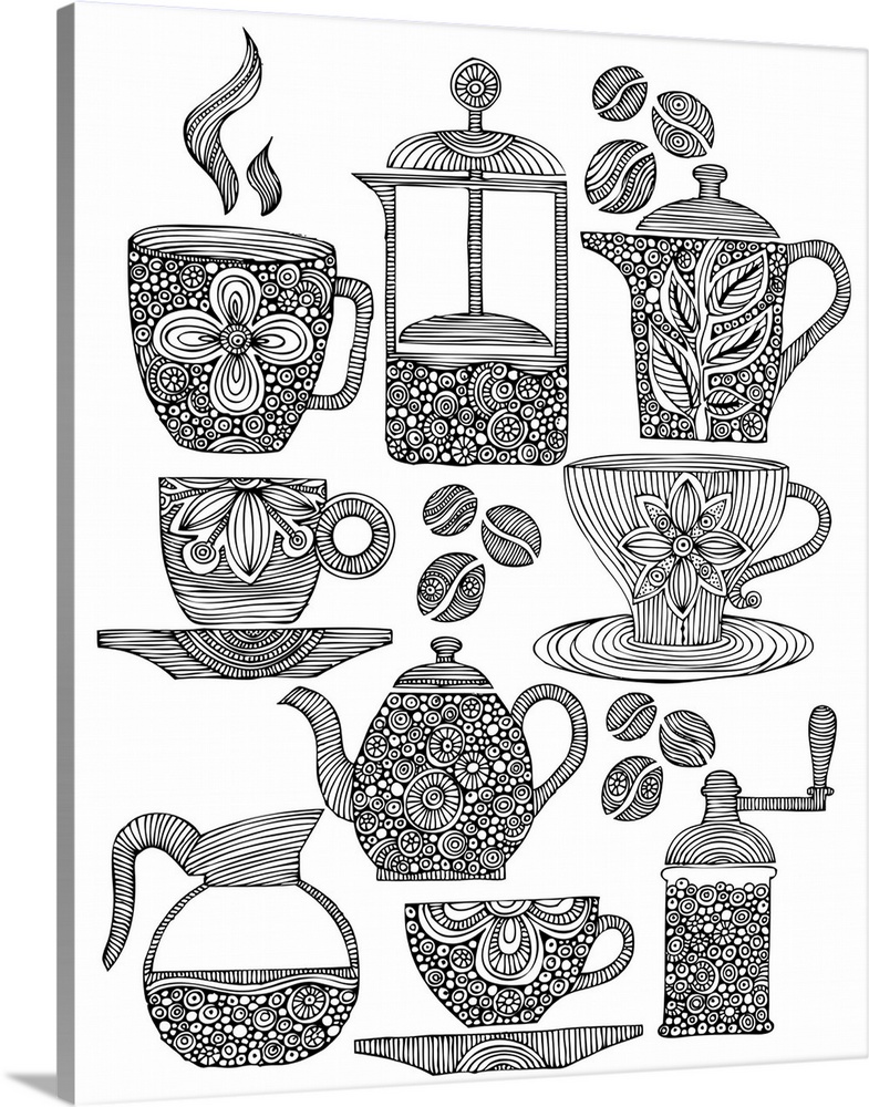 Contemporary line art of coffee cups and brewers with intricate designs in them against a white background.