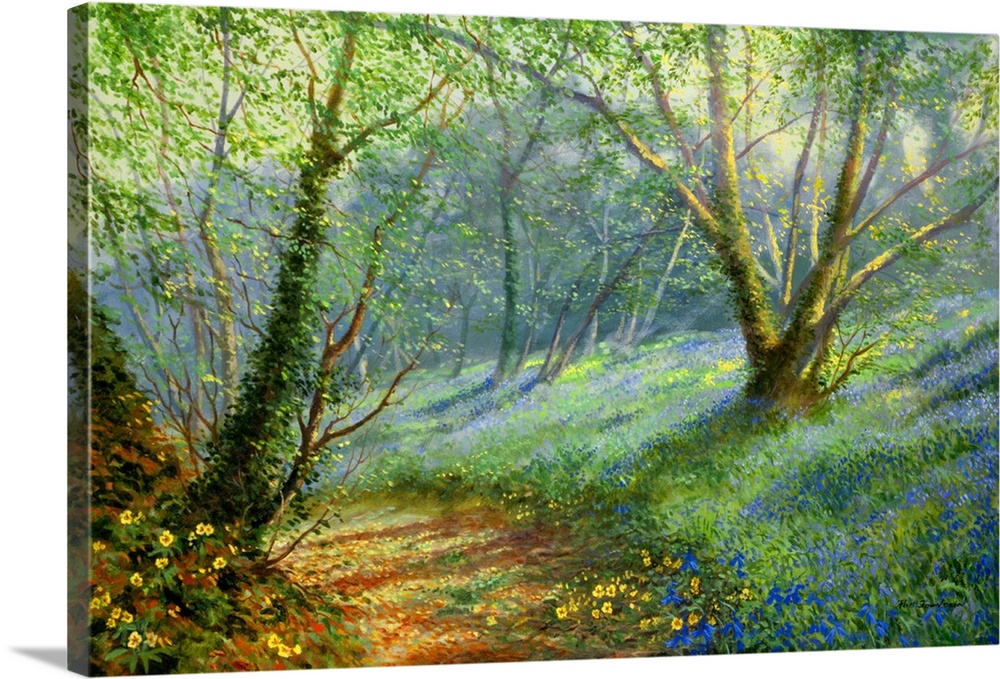 Contemporary painting of a path in a lush forest.