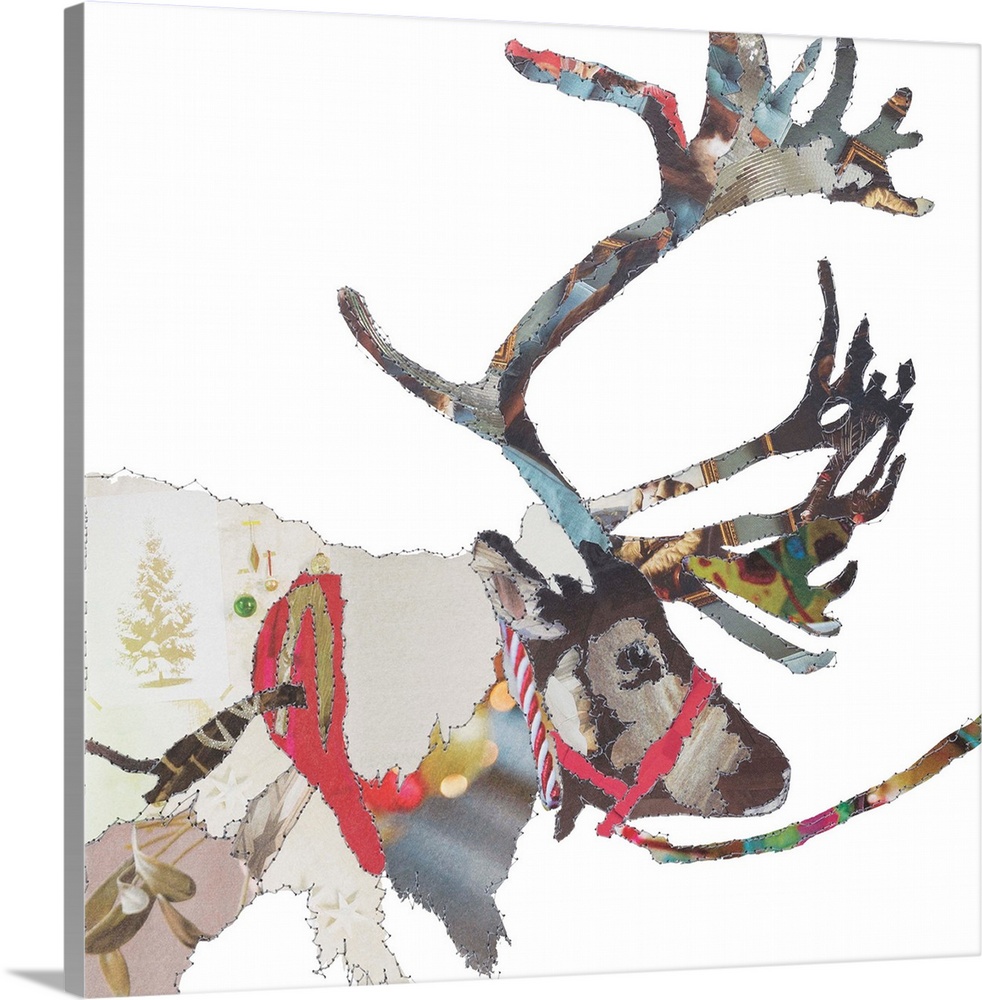 Square artwork of a reindeer in a collage style outlined in stitches.