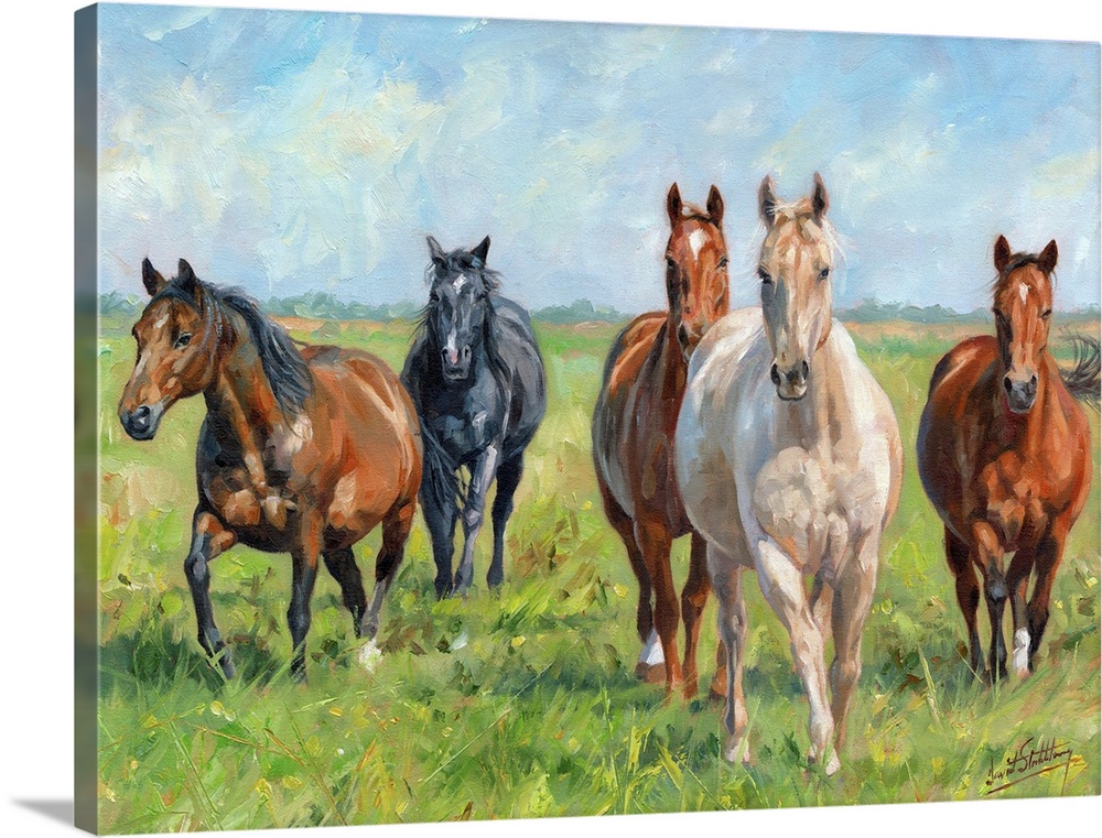 Contemporary painting of a small group of horses in a lush green field.