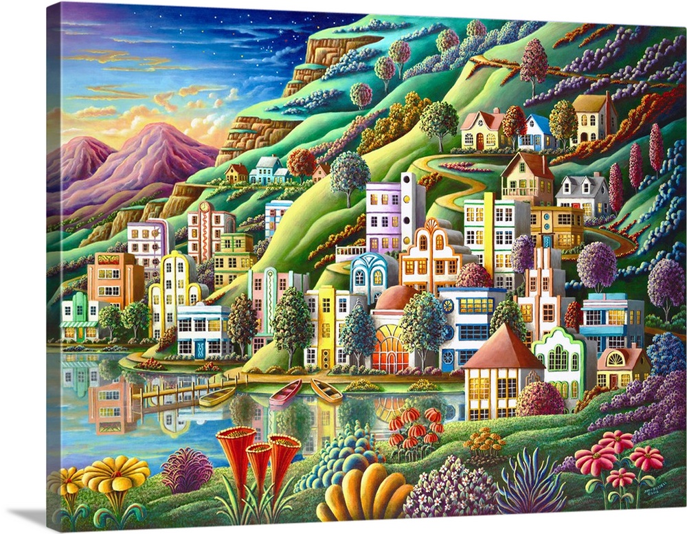 Contemporary painting of a village on a lake surrounded by vivid colorful foliage.