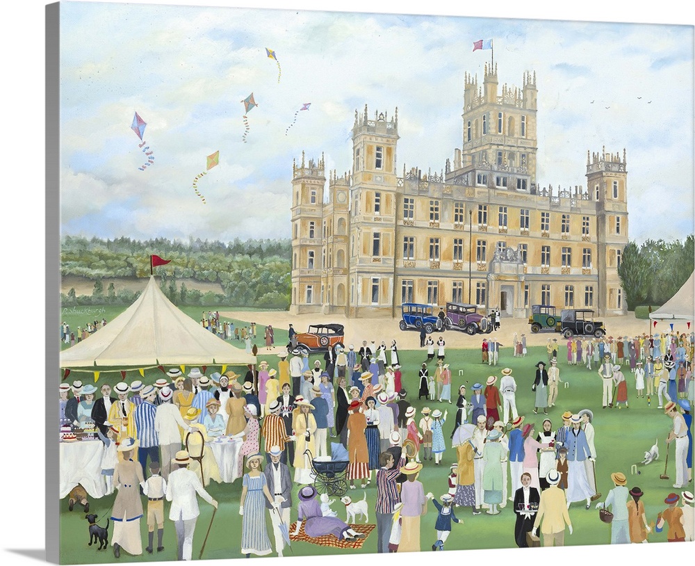 Contemporary painting of people gathered for good times outside Highclere Castle.