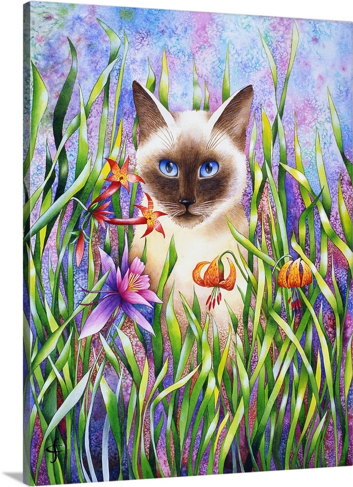 Artwork of a cat doing some exploring through tall colorful grass and flowers.