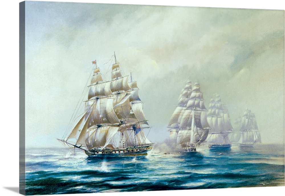 Painting of a fleet of naval vessels traversing the open sea.