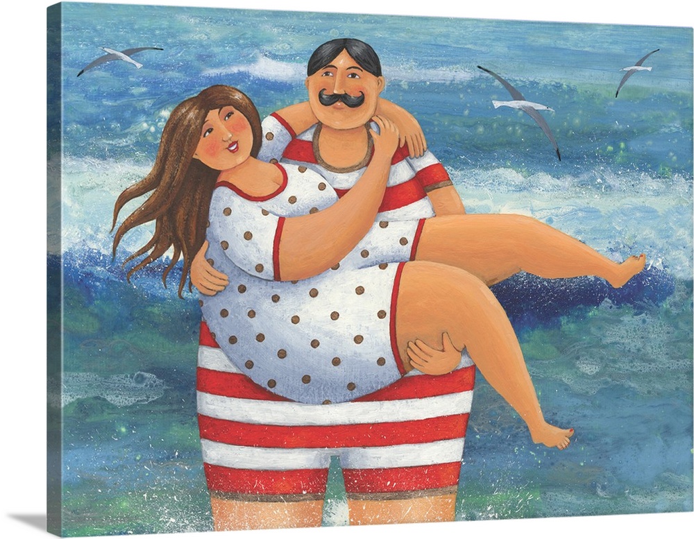 Nautical themed painting of man in a bathing suit holding a woman in a bathing suit.