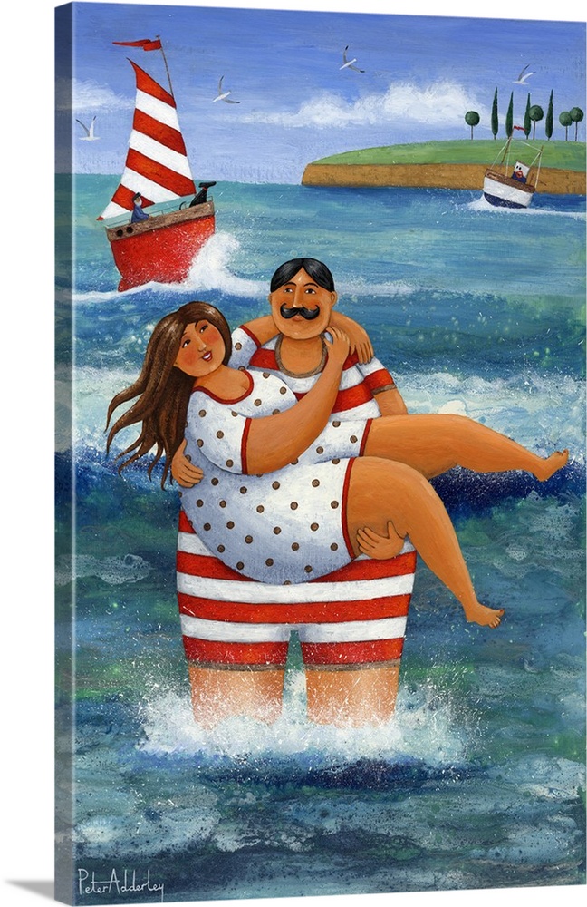 Nautical themed painting of man in a bathing suit holding a woman in a bathing suit.