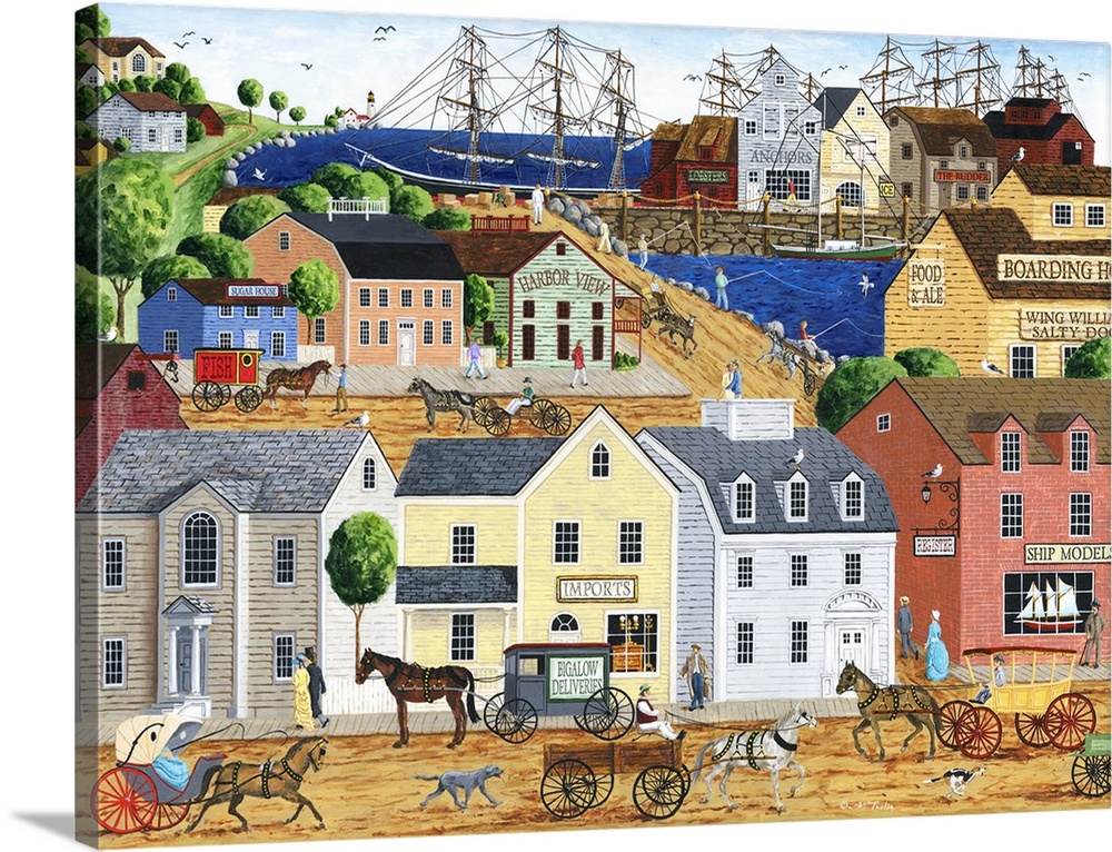 Americana scene of a coastal town with tall ships and horse-drawn carriages.