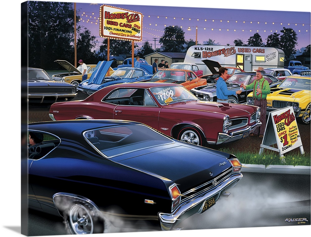 Fanciful image of a run down used car lot out in the country full of rare classic American Muscle Cars of the 60s for sale...