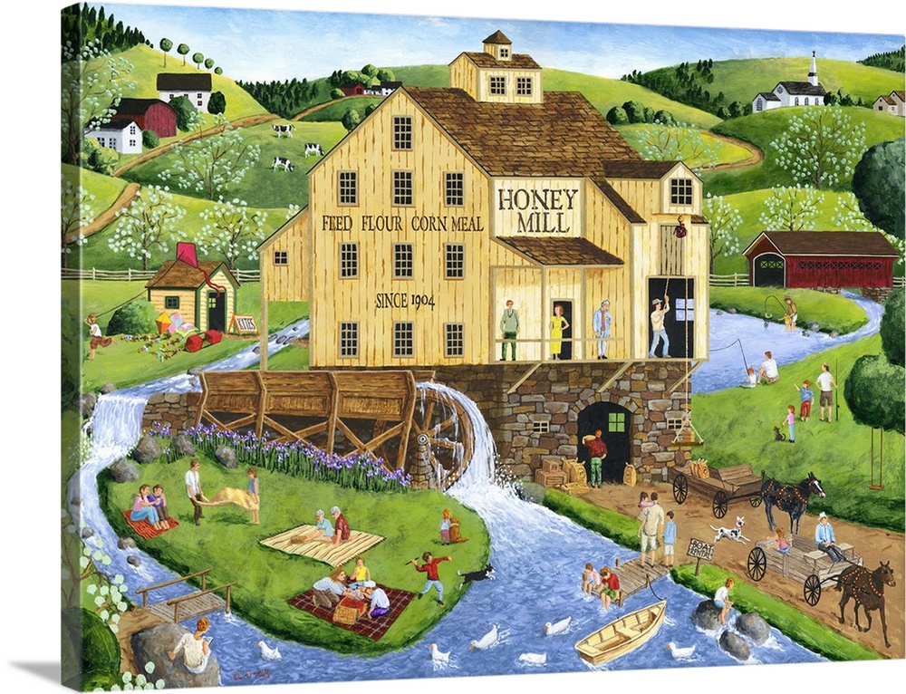 Americana scene of a water mill surrounded by buy townspeople.