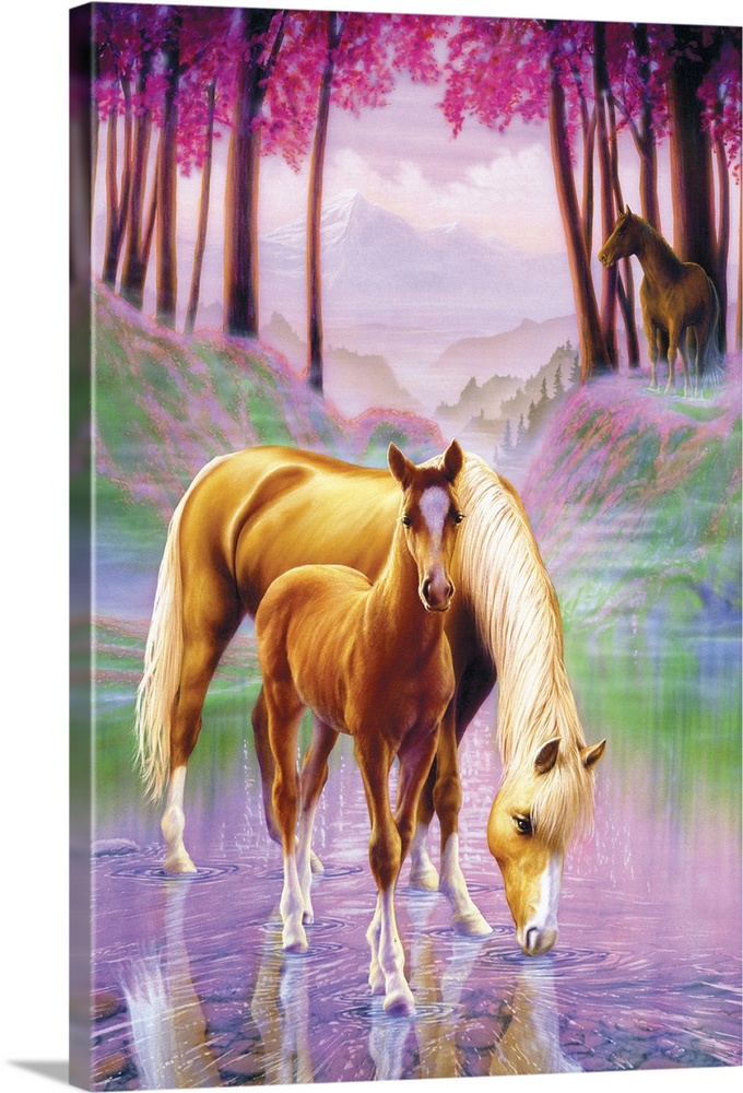 Whimsical fantasy artwork of two horses standing in a brook with bright colorful forest in the background.