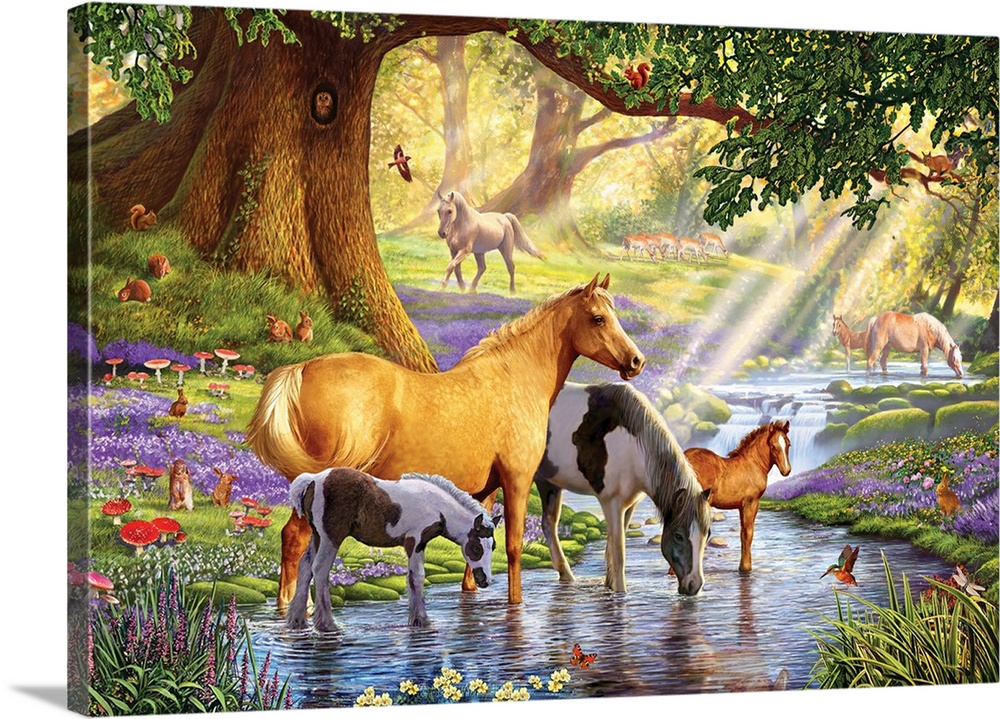 Family of Horses including two foals in a stream in the sunlit woods with other animals including a kingfisher, owl, rabbi...