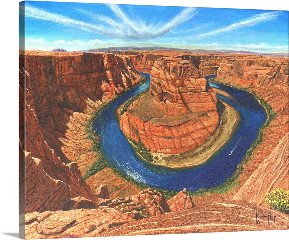 Contemporary artwork of a large river running through a desert canyon.
