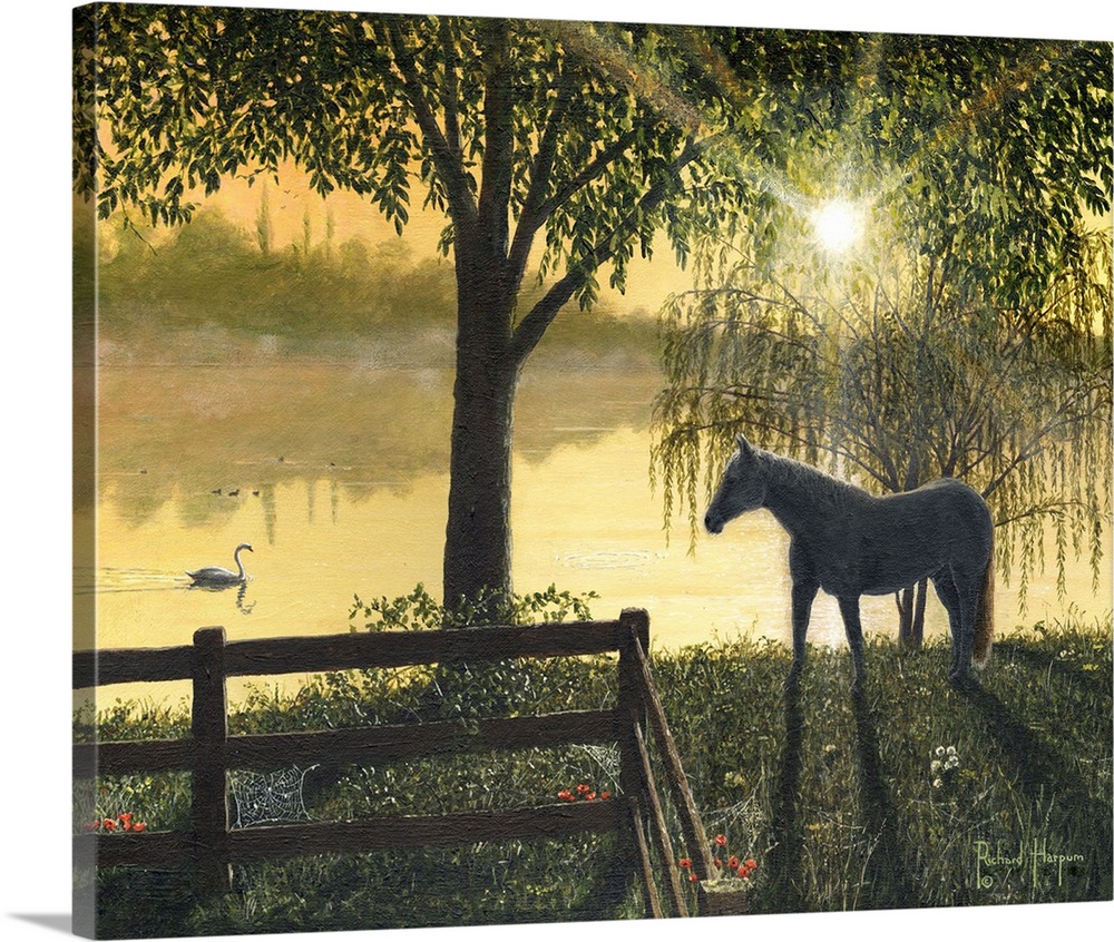 Contemporary artwork of a horse looking at a swan slowly passing by in the water in the early morning light.