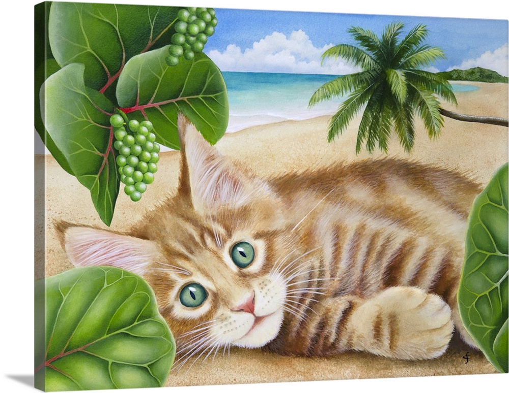Colorful tropical themed artwork of cat laying on a sandy beach surrounded by lush plants.