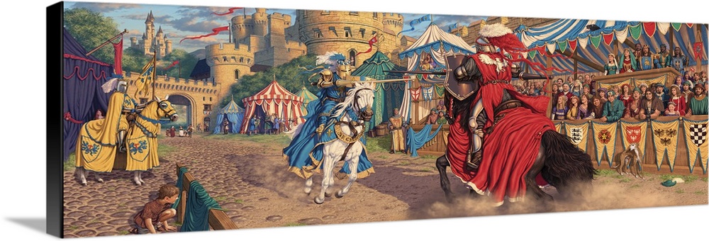 A scene depicting a jousting tournament just at the moment the King's champion attempts to vanquish the all conquering mys...