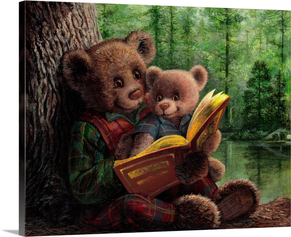 Father and son teddy bear reading a storybook together in the forest.