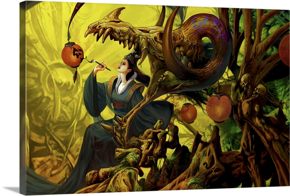 Contemporary science fiction artwork of a woman in elegant robes painting a lantern while surrounded by large dragon bones...