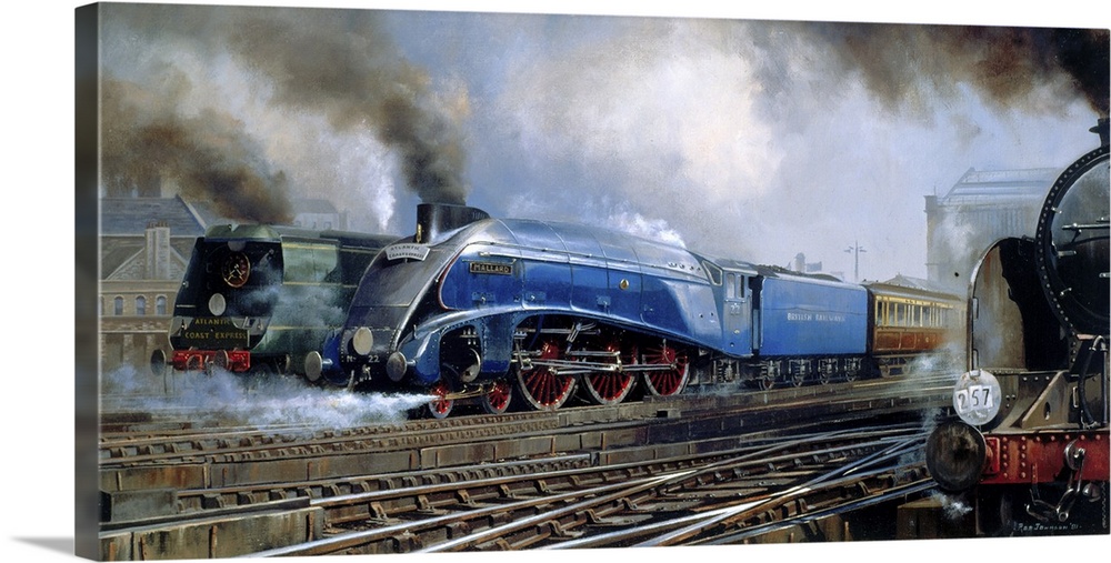 Contemporary painting of trains traveling getting ready to leave the station.