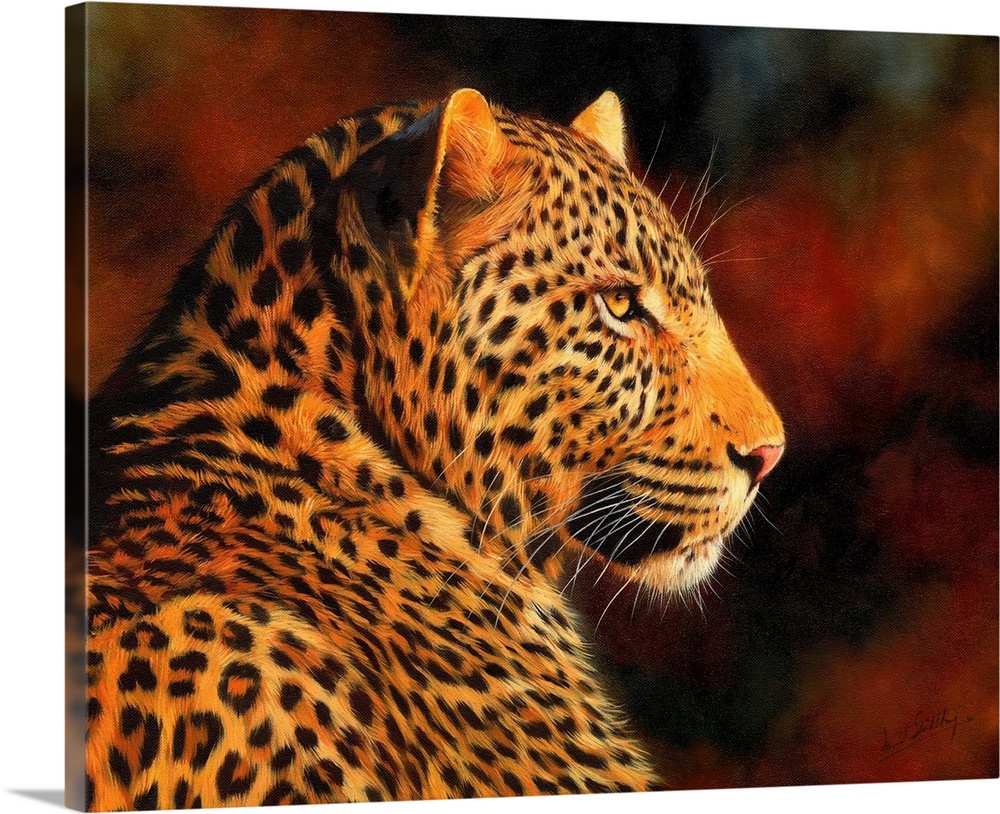 Contemporary painting of a leopard illuminated in a warm light.